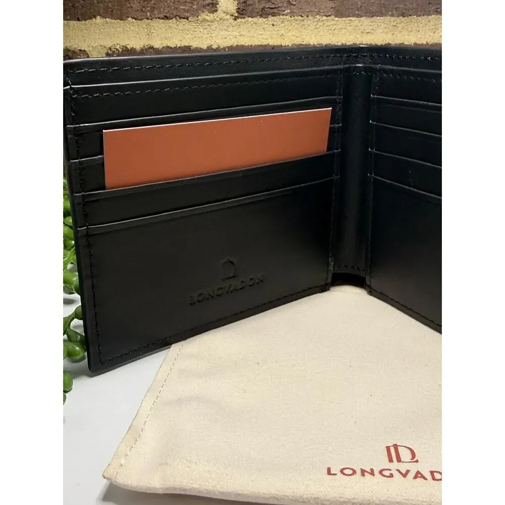 Longvadon 1407 Mens Soft Leather Short Wallet 8CC Noir Profond NEW $250 Tag